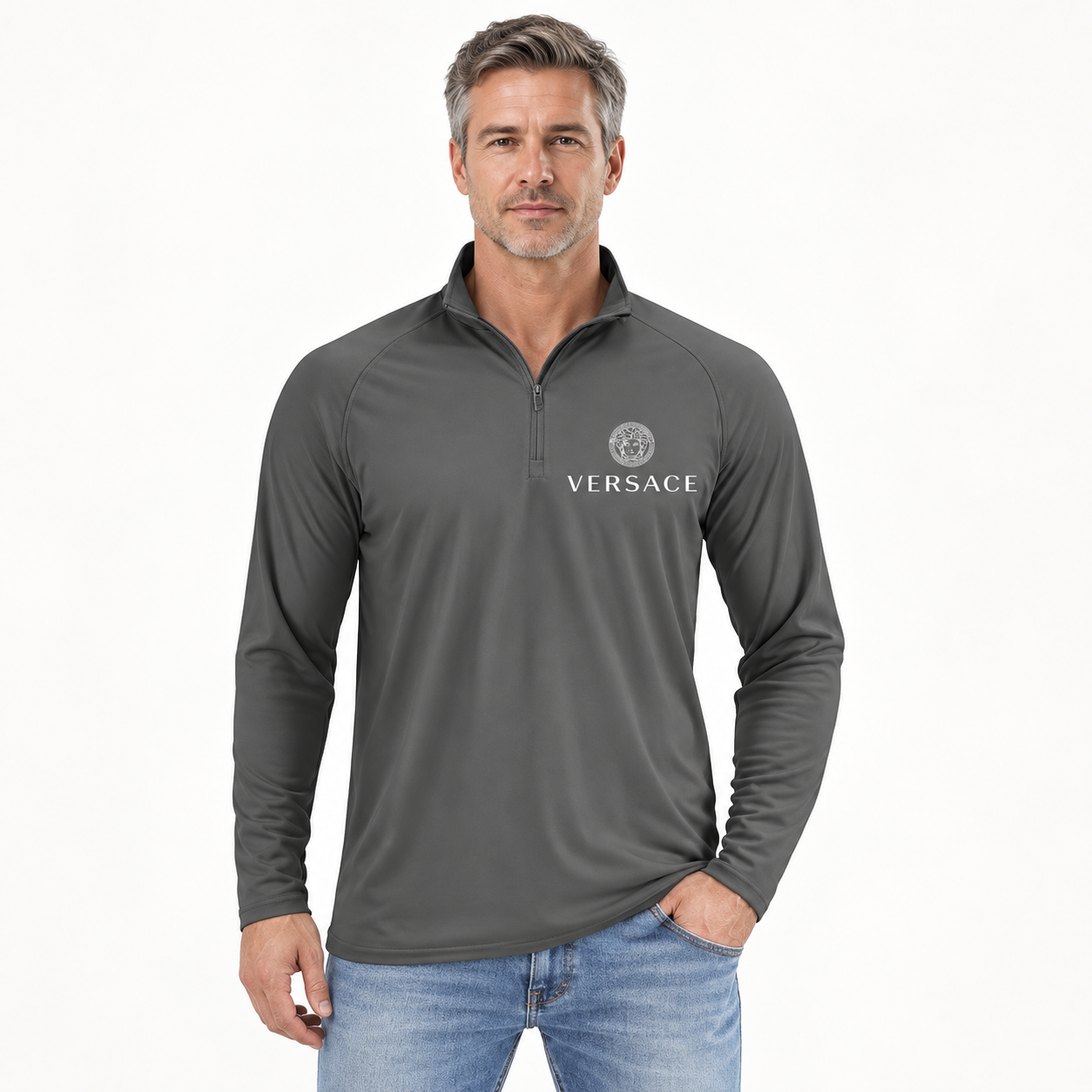 Men’s Versace Lightweight Quarter-Zip Athletic Shirt – Long Sleeve Polyester Wear | Color: Dark Gray | View 4