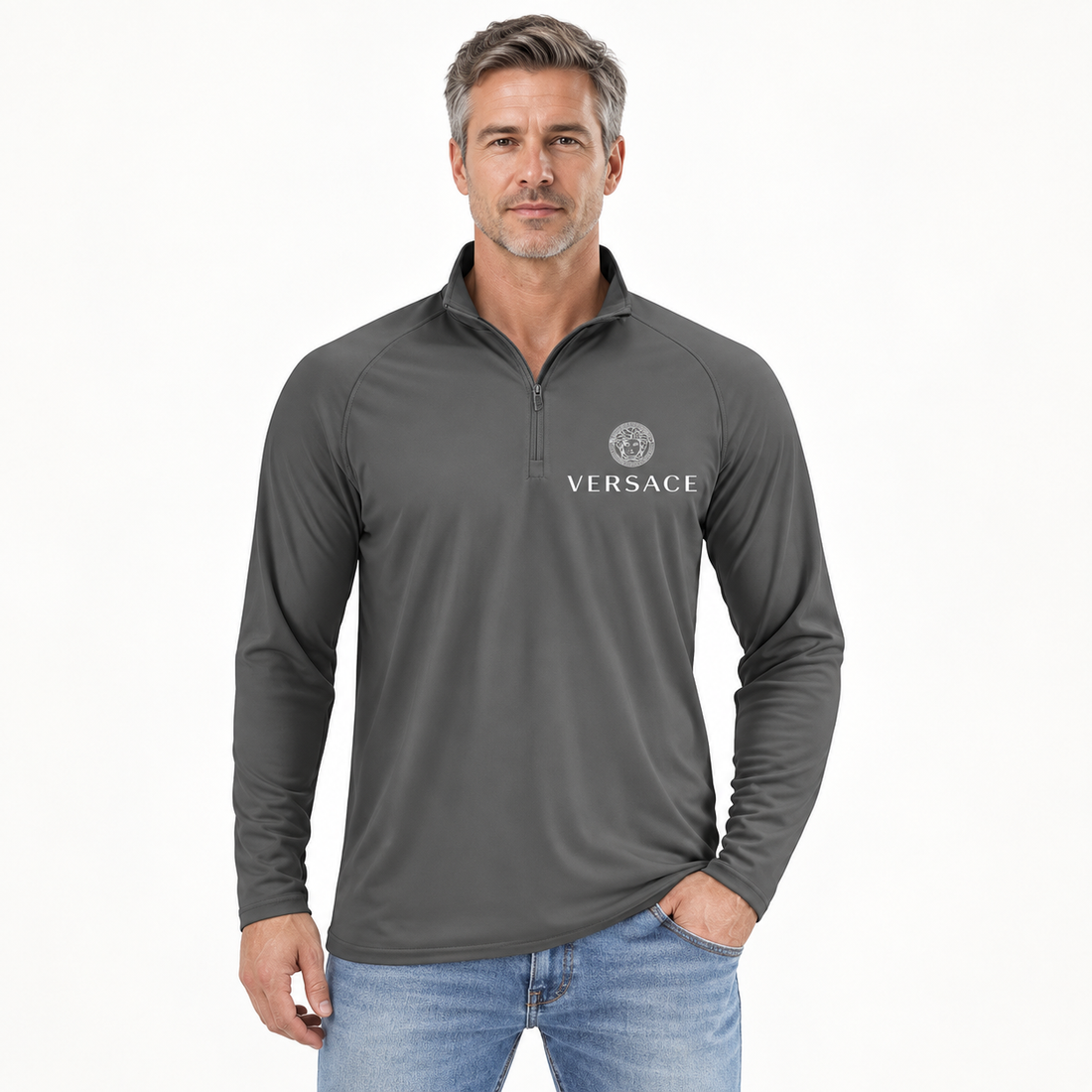 Men’s Versace Lightweight Quarter-Zip Athletic Shirt – Long Sleeve Polyester Wear | Color: Dark Gray | View 4