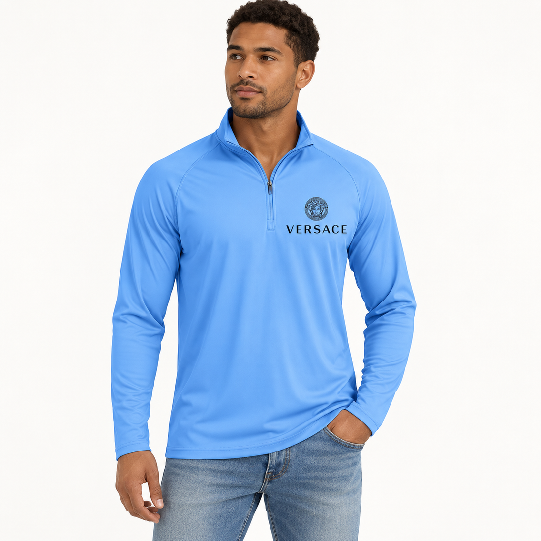 Men’s Versace Lightweight Quarter-Zip Athletic Shirt – Long Sleeve Polyester Wear | Color: Light Blue | View 1