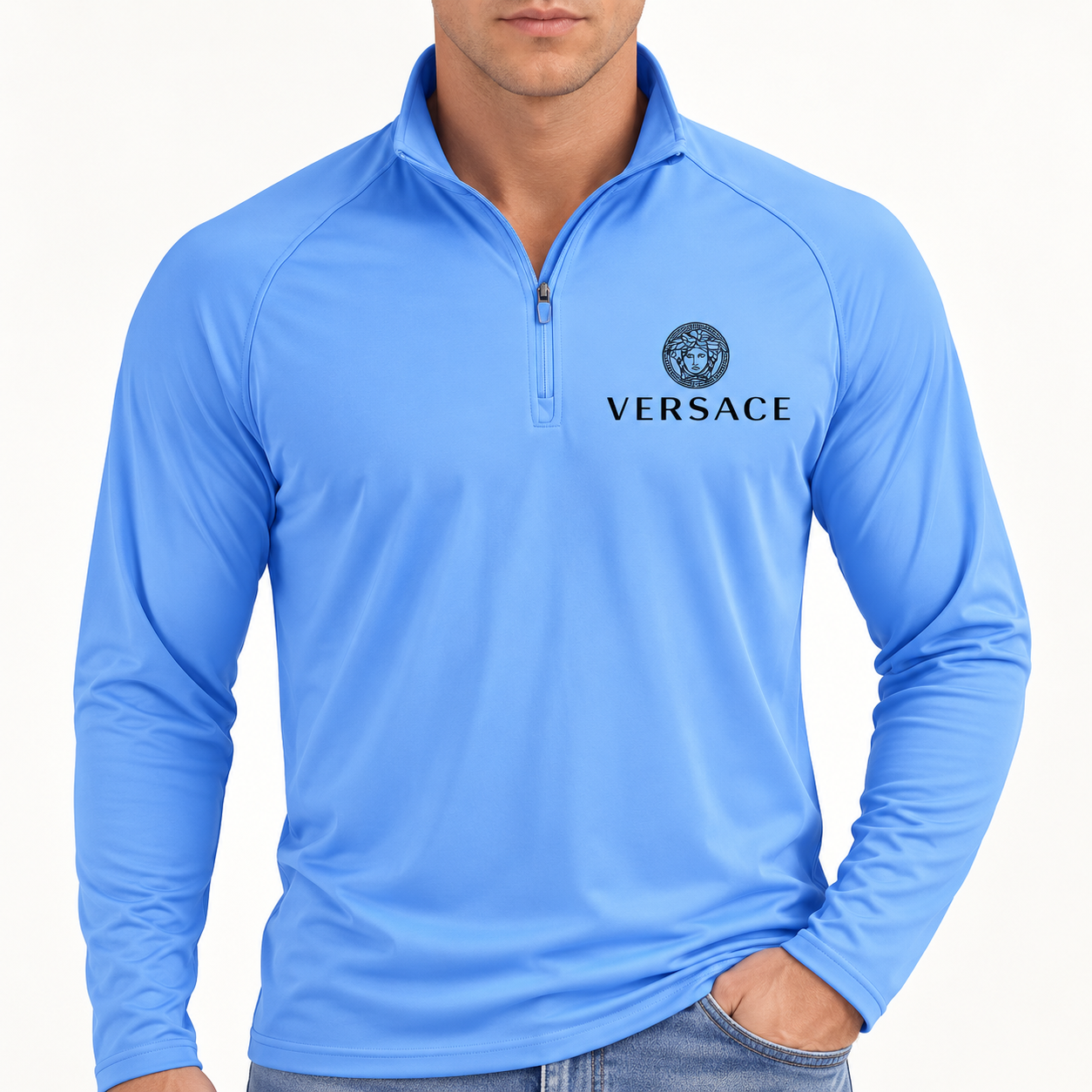 Men’s Versace Lightweight Quarter-Zip Athletic Shirt – Long Sleeve Polyester Wear | Color: Light Blue | View 3