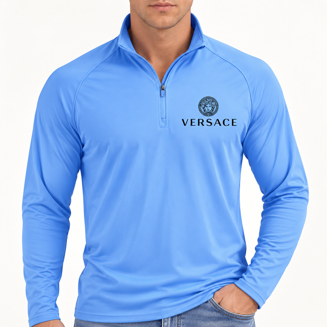 Men’s Versace Lightweight Quarter-Zip Athletic Shirt – Long Sleeve Polyester Wear | Color: Light Blue | View 3