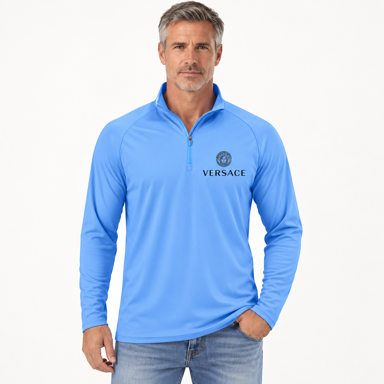Men’s Versace Lightweight Quarter-Zip Athletic Shirt – Long Sleeve Polyester Wear | Color: Light Blue | View 4