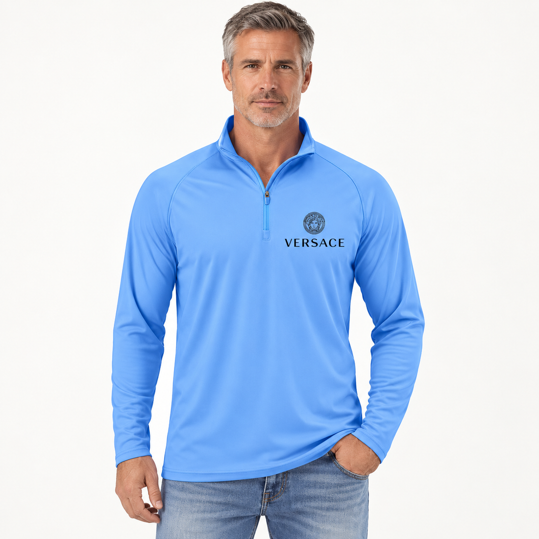Men’s Versace Lightweight Quarter-Zip Athletic Shirt – Long Sleeve Polyester Wear | Color: Light Blue | View 4
