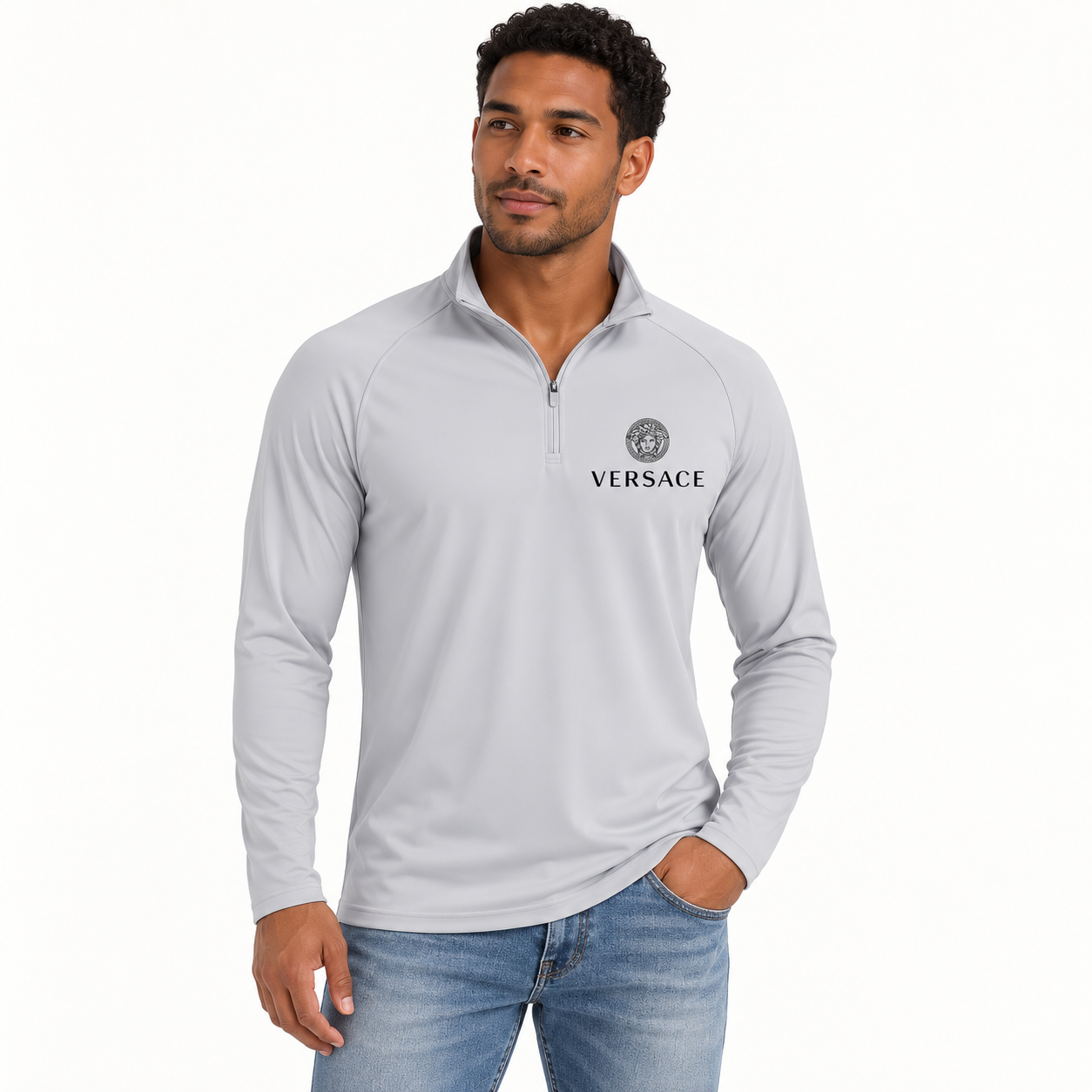 Men’s Versace Lightweight Quarter-Zip Athletic Shirt – Long Sleeve Polyester Wear | Color: Light Gray | View 1