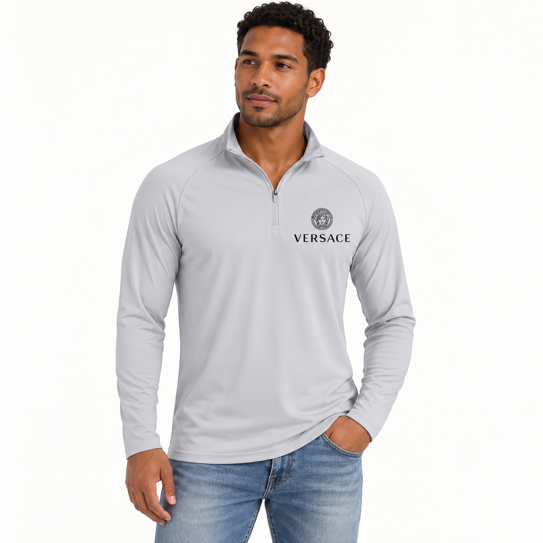 Men’s Versace Lightweight Quarter-Zip Athletic Shirt – Long Sleeve Polyester Wear | Color: Light Gray | View 1
