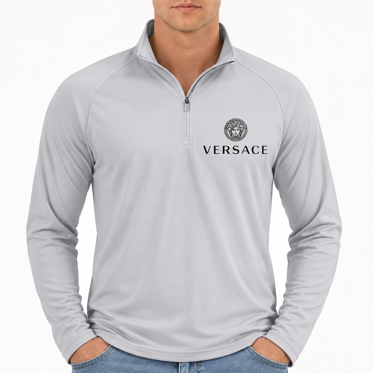 Men’s Versace Lightweight Quarter-Zip Athletic Shirt – Long Sleeve Polyester Wear | Color: Light Gray | View 3