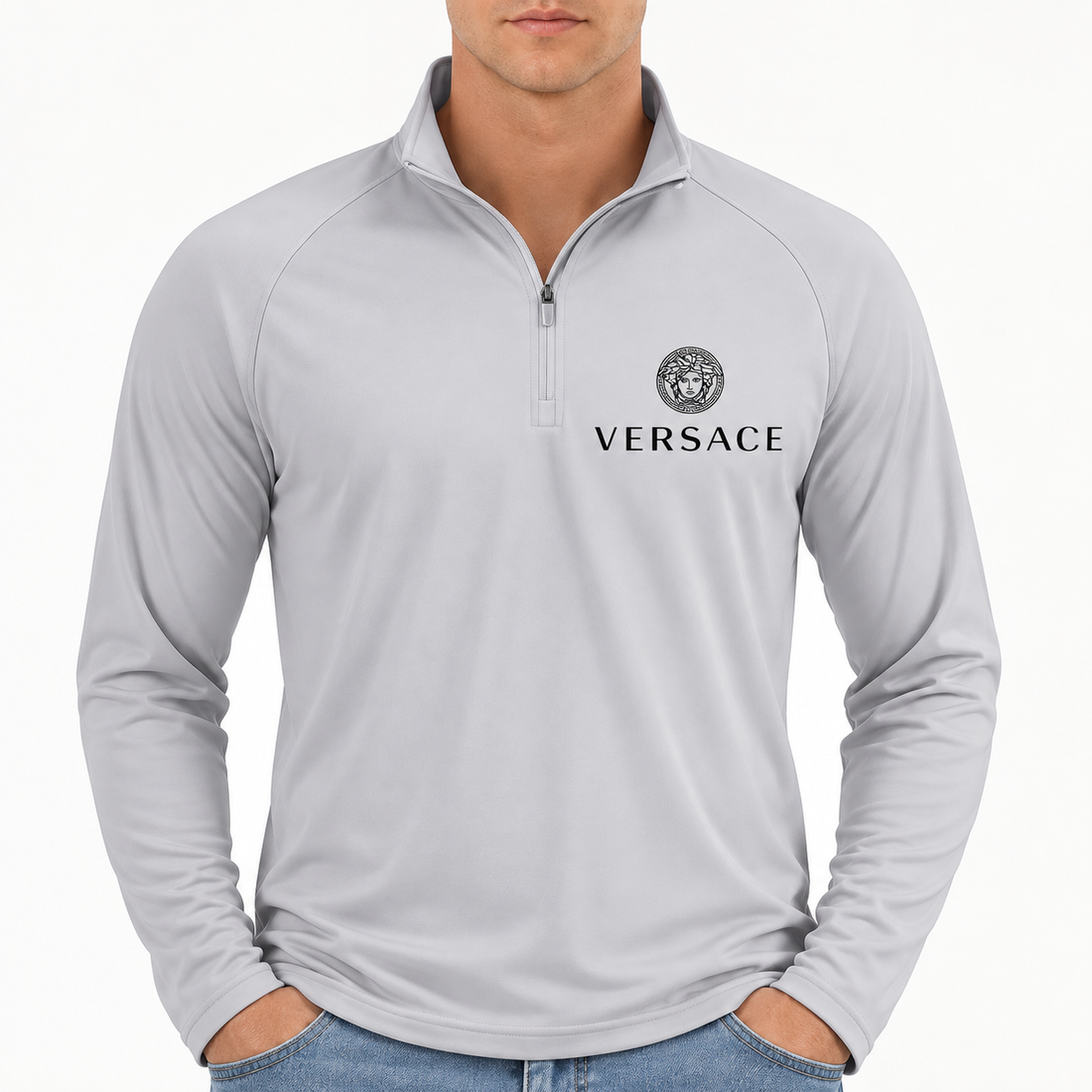 Men’s Versace Lightweight Quarter-Zip Athletic Shirt – Long Sleeve Polyester Wear | Color: Light Gray | View 3