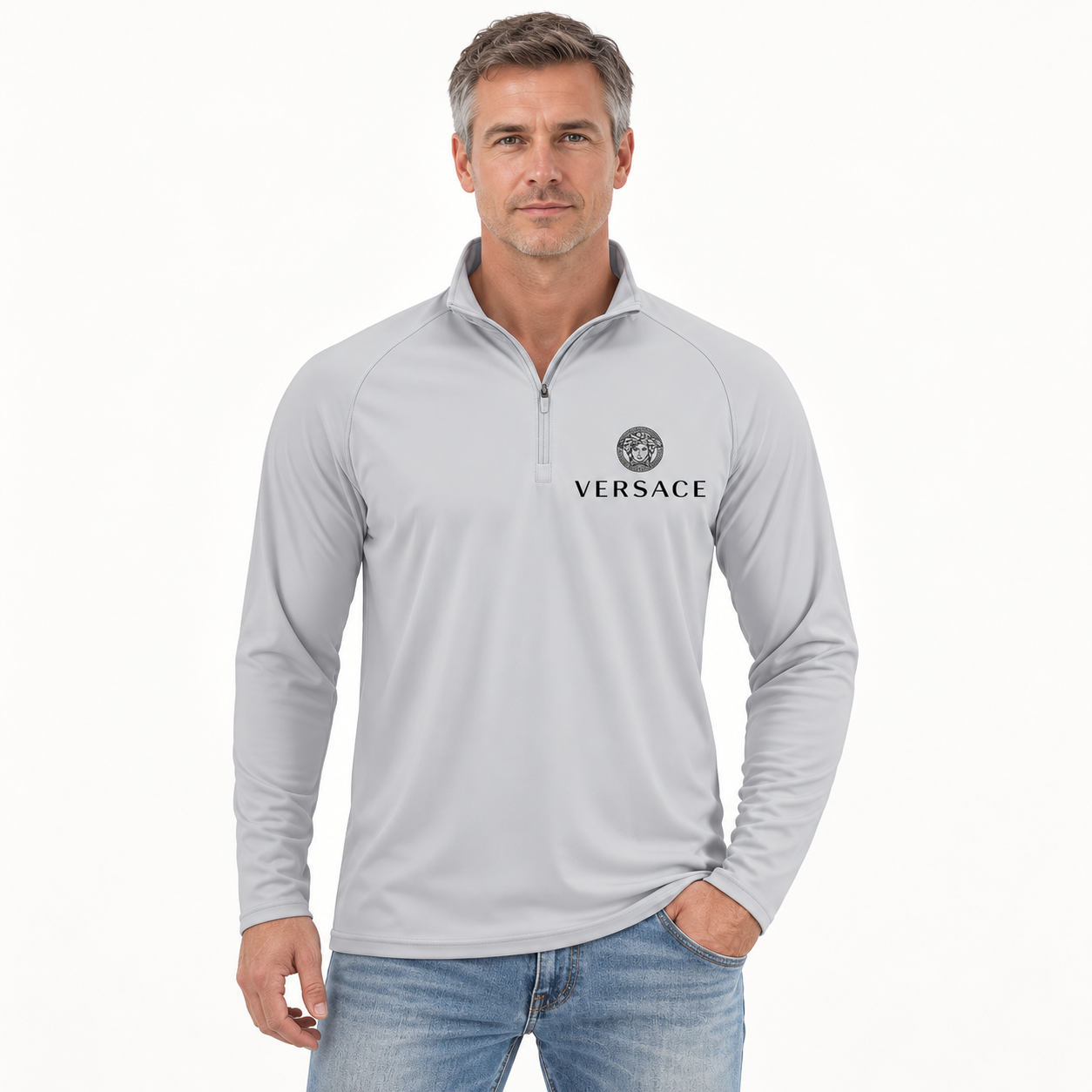 Men’s Versace Lightweight Quarter-Zip Athletic Shirt – Long Sleeve Polyester Wear | Color: Light Gray | View 4
