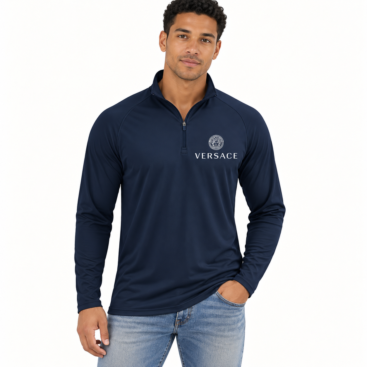 Men’s Versace Lightweight Quarter-Zip Athletic Shirt – Long Sleeve Polyester Wear | Color: Navy | View 1