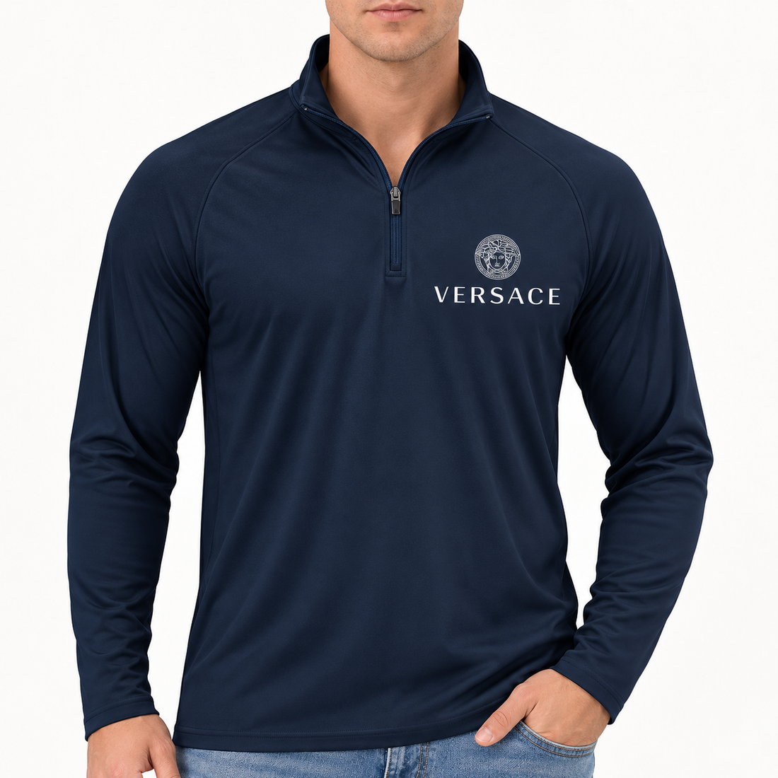 Men’s Versace Lightweight Quarter-Zip Athletic Shirt – Long Sleeve Polyester Wear | Color: Navy | View 3