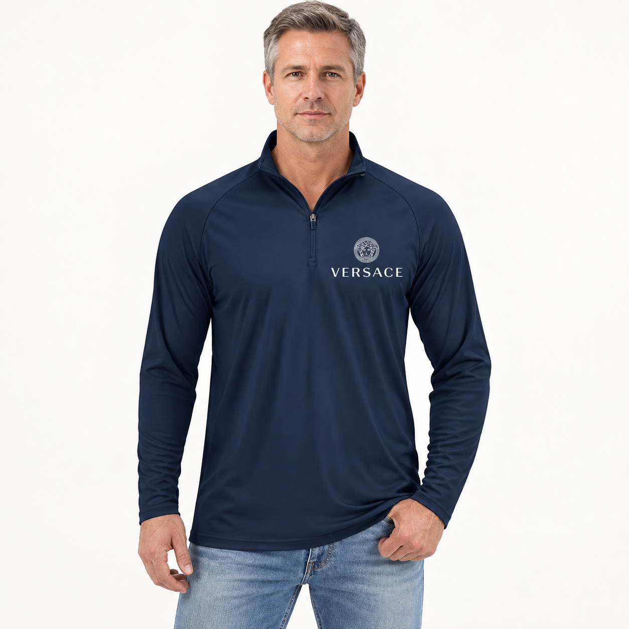 Men’s Versace Lightweight Quarter-Zip Athletic Shirt – Long Sleeve Polyester Wear | Color: Navy | View 4