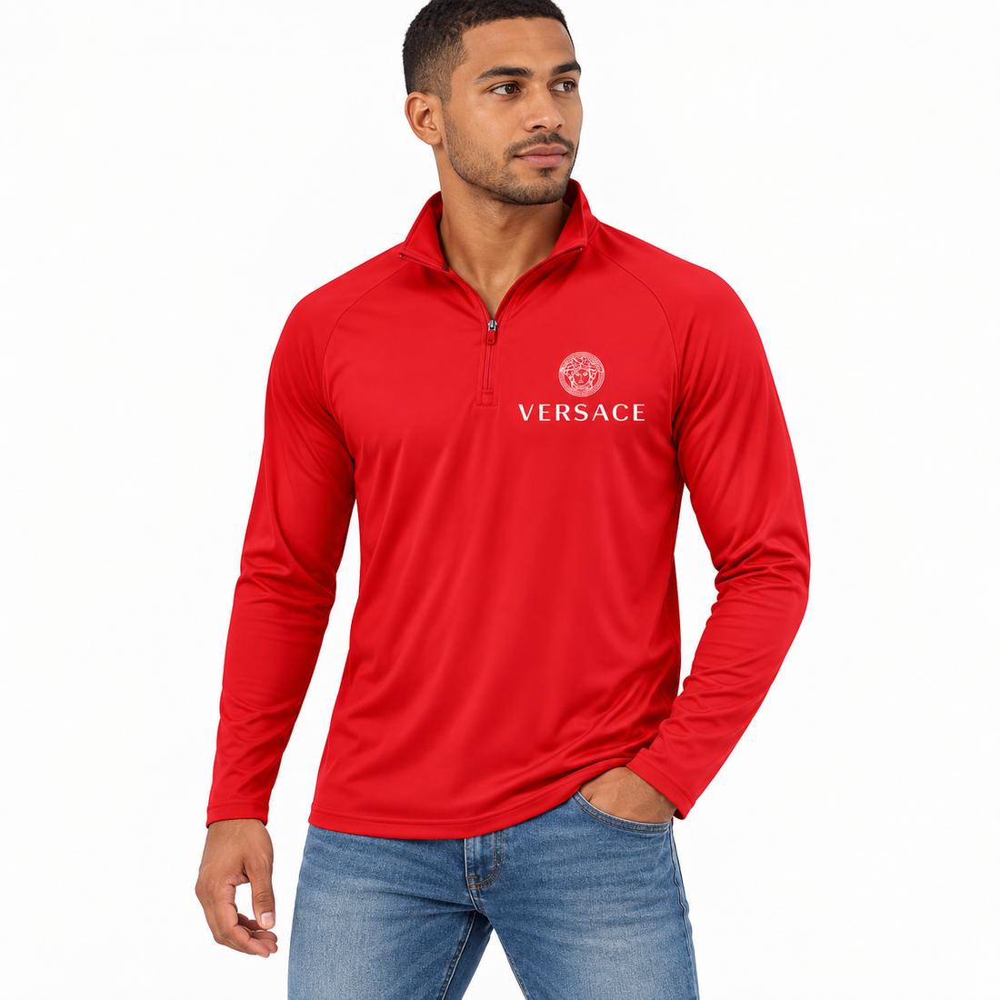 Men’s Versace Lightweight Quarter-Zip Athletic Shirt – Long Sleeve Polyester Wear | Color: Red | View 1