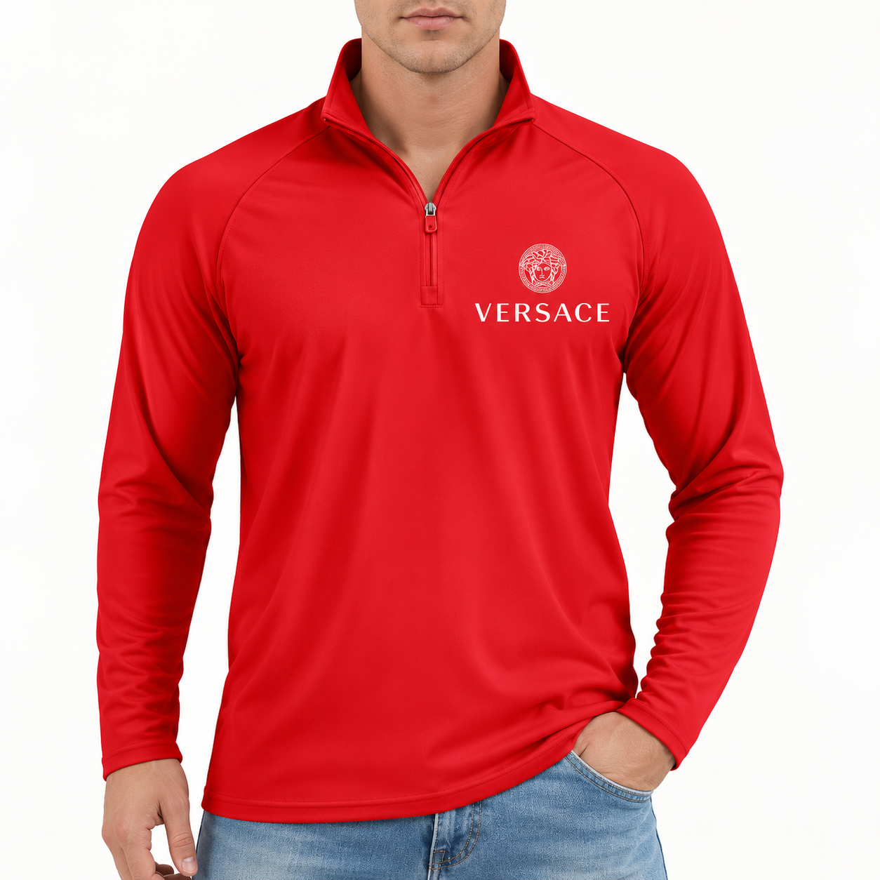 Men’s Versace Lightweight Quarter-Zip Athletic Shirt – Long Sleeve Polyester Wear | Color: Red | View 3