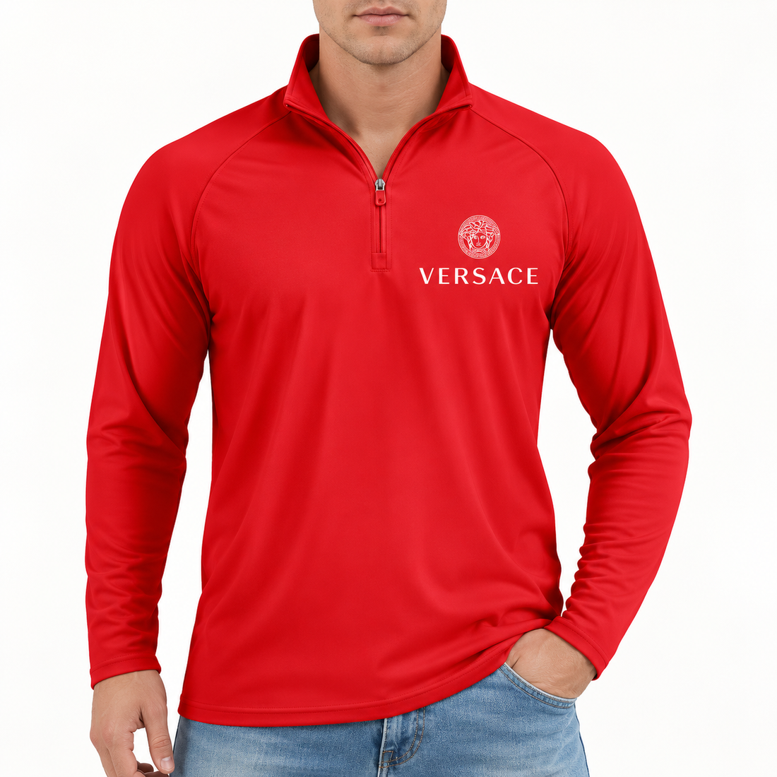 Men’s Versace Lightweight Quarter-Zip Athletic Shirt – Long Sleeve Polyester Wear | Color: Red | View 3