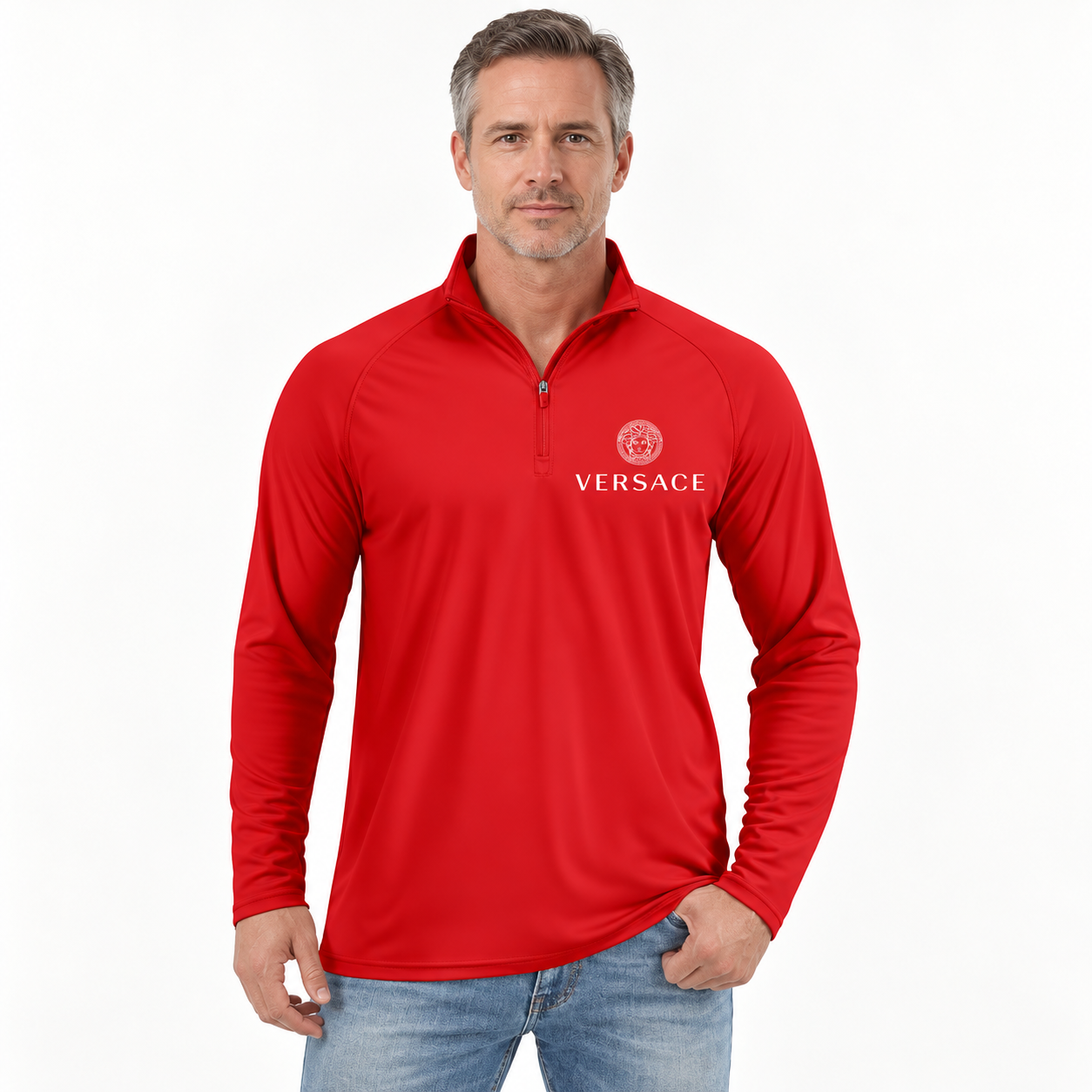 Men’s Versace Lightweight Quarter-Zip Athletic Shirt – Long Sleeve Polyester Wear | Color: Red | View 4