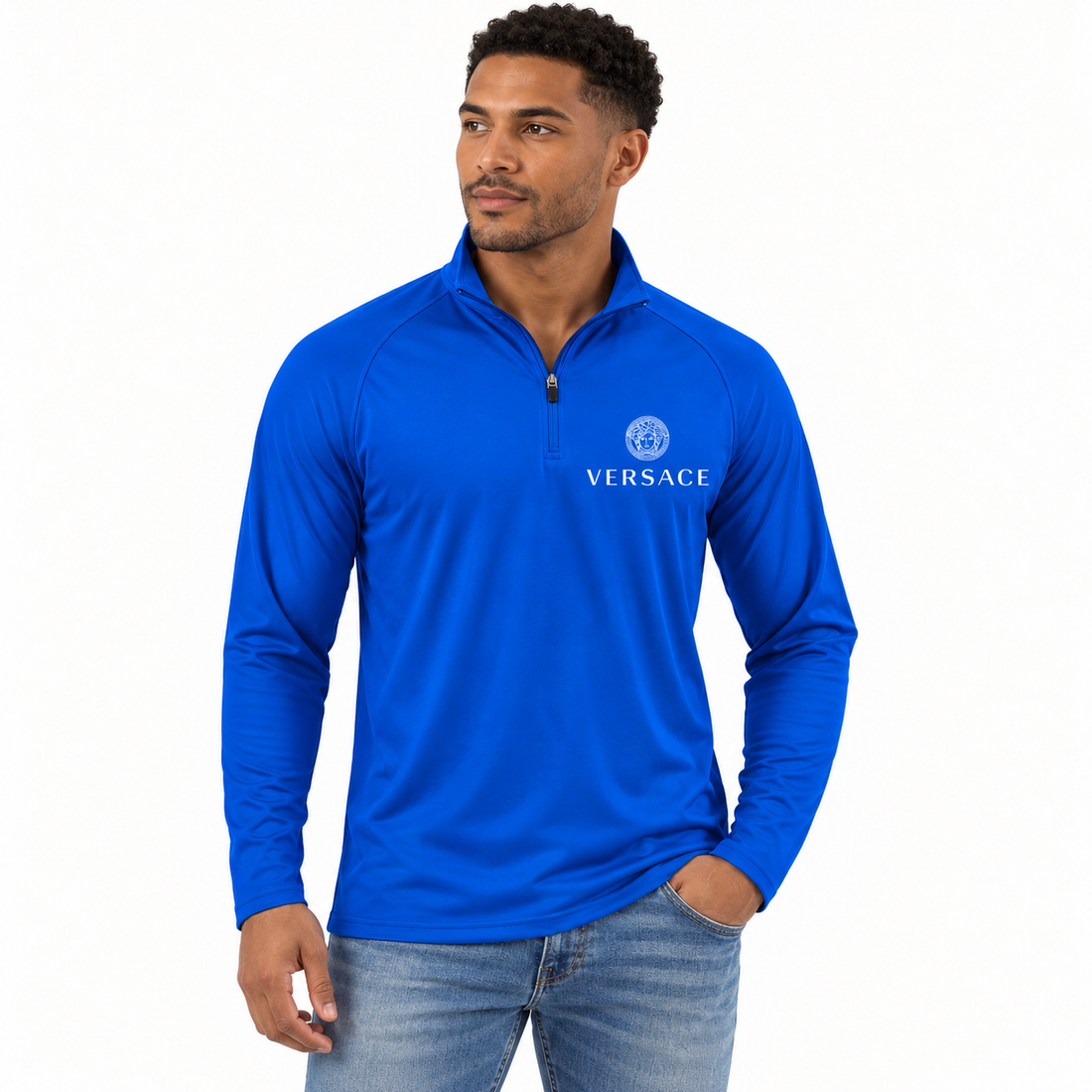 Men’s Versace Lightweight Quarter-Zip Athletic Shirt – Long Sleeve Polyester Wear | Color: Royal Blue | View 1