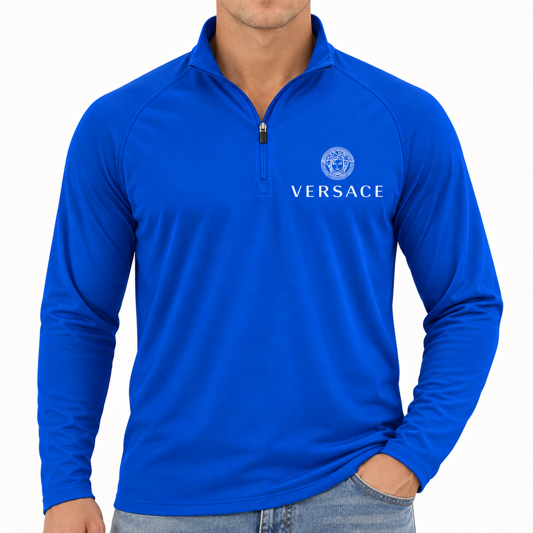 Men’s Versace Lightweight Quarter-Zip Athletic Shirt – Long Sleeve Polyester Wear | Color: Royal Blue | View 3