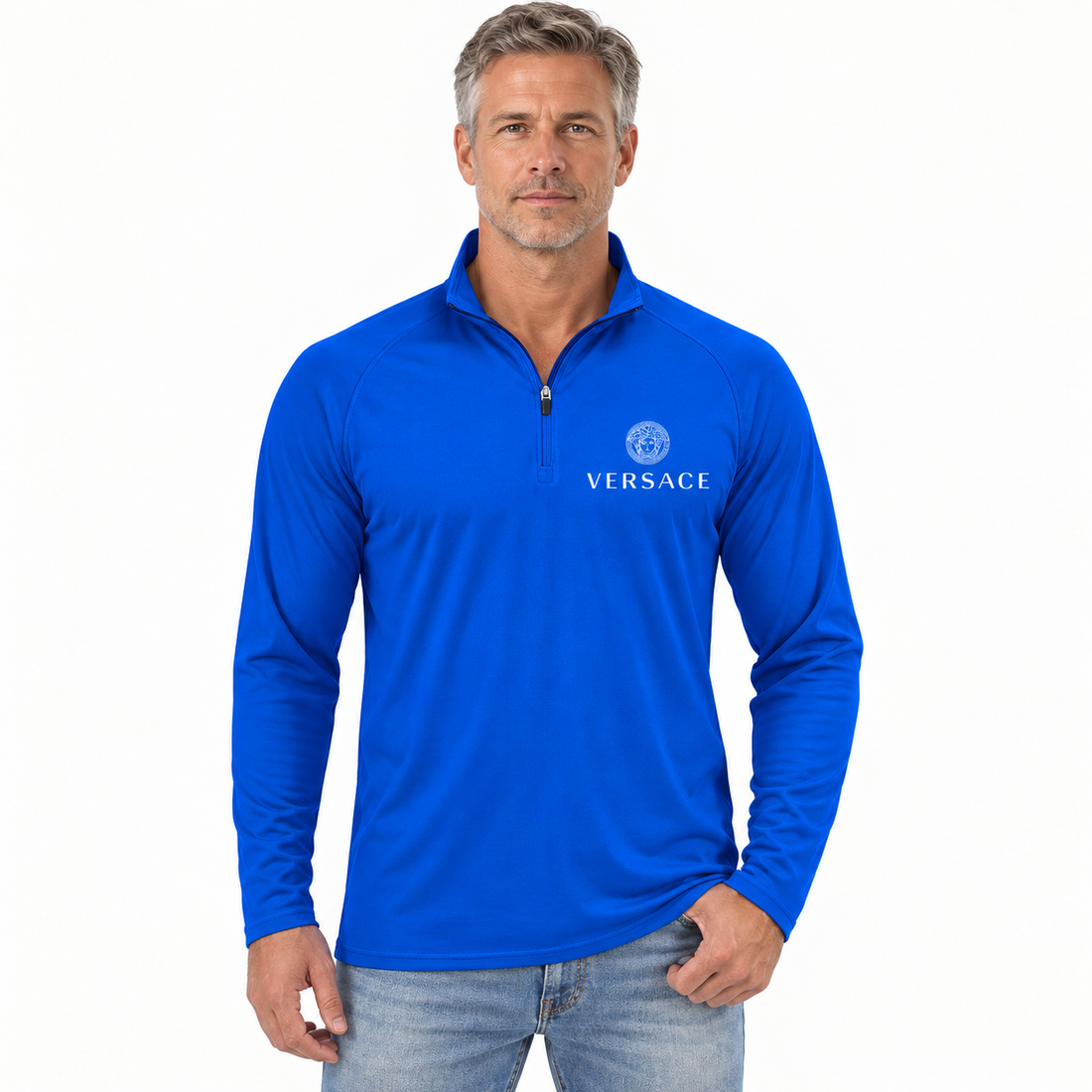 Men’s Versace Lightweight Quarter-Zip Athletic Shirt – Long Sleeve Polyester Wear | Color: Royal Blue | View 4
