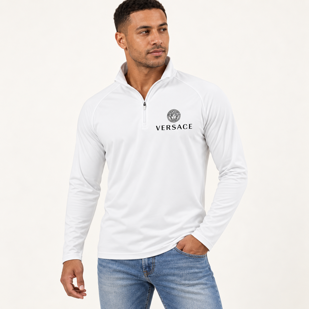 Men’s Versace Lightweight Quarter-Zip Athletic Shirt – Long Sleeve Polyester Wear | Color: White | View 1