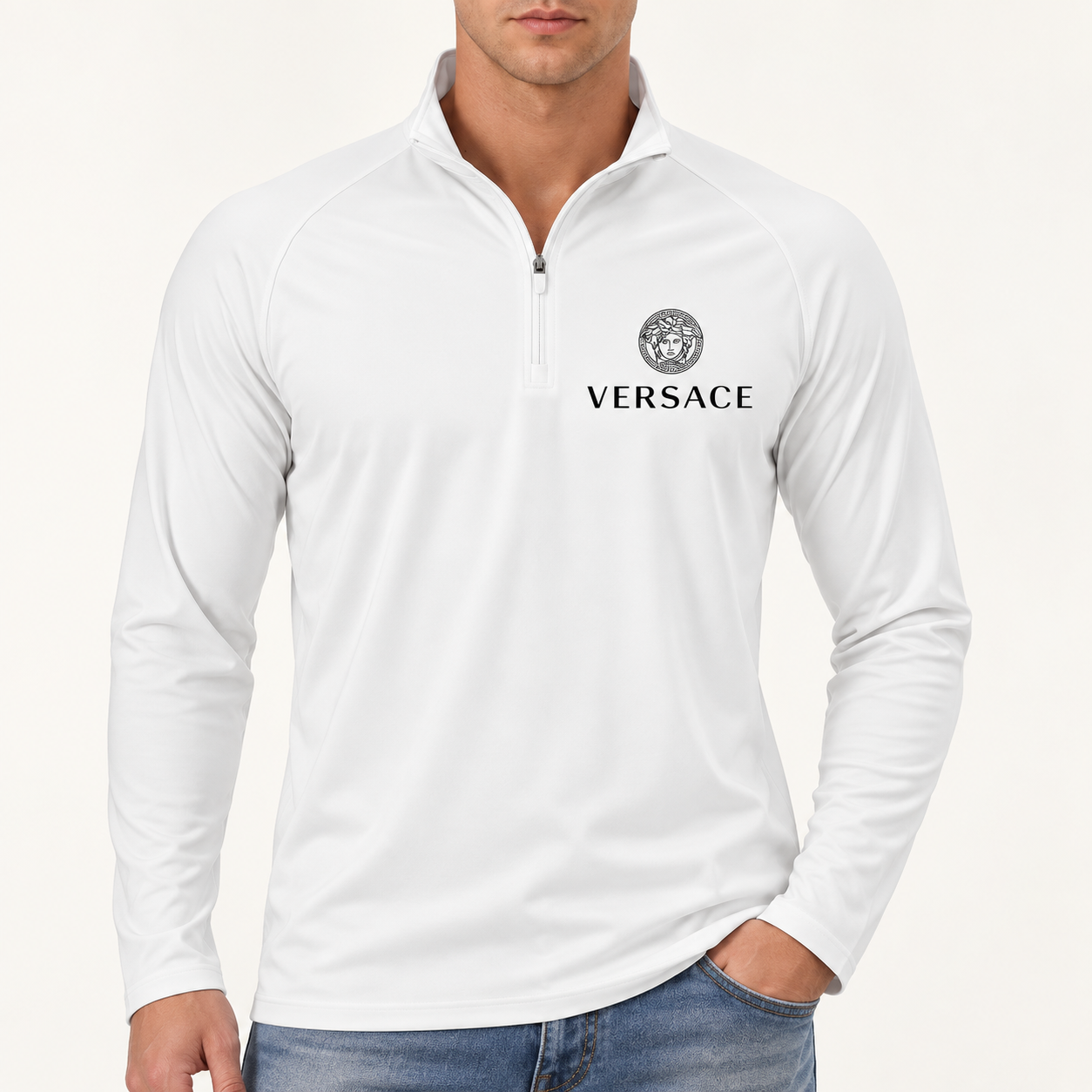 Men’s Versace Lightweight Quarter-Zip Athletic Shirt – Long Sleeve Polyester Wear | Color: White | View 3
