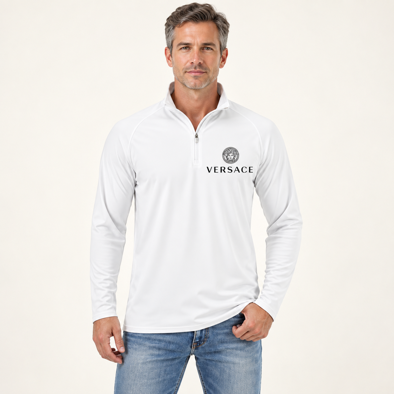Men’s Versace Lightweight Quarter-Zip Athletic Shirt – Long Sleeve Polyester Wear | Color: White | View 4