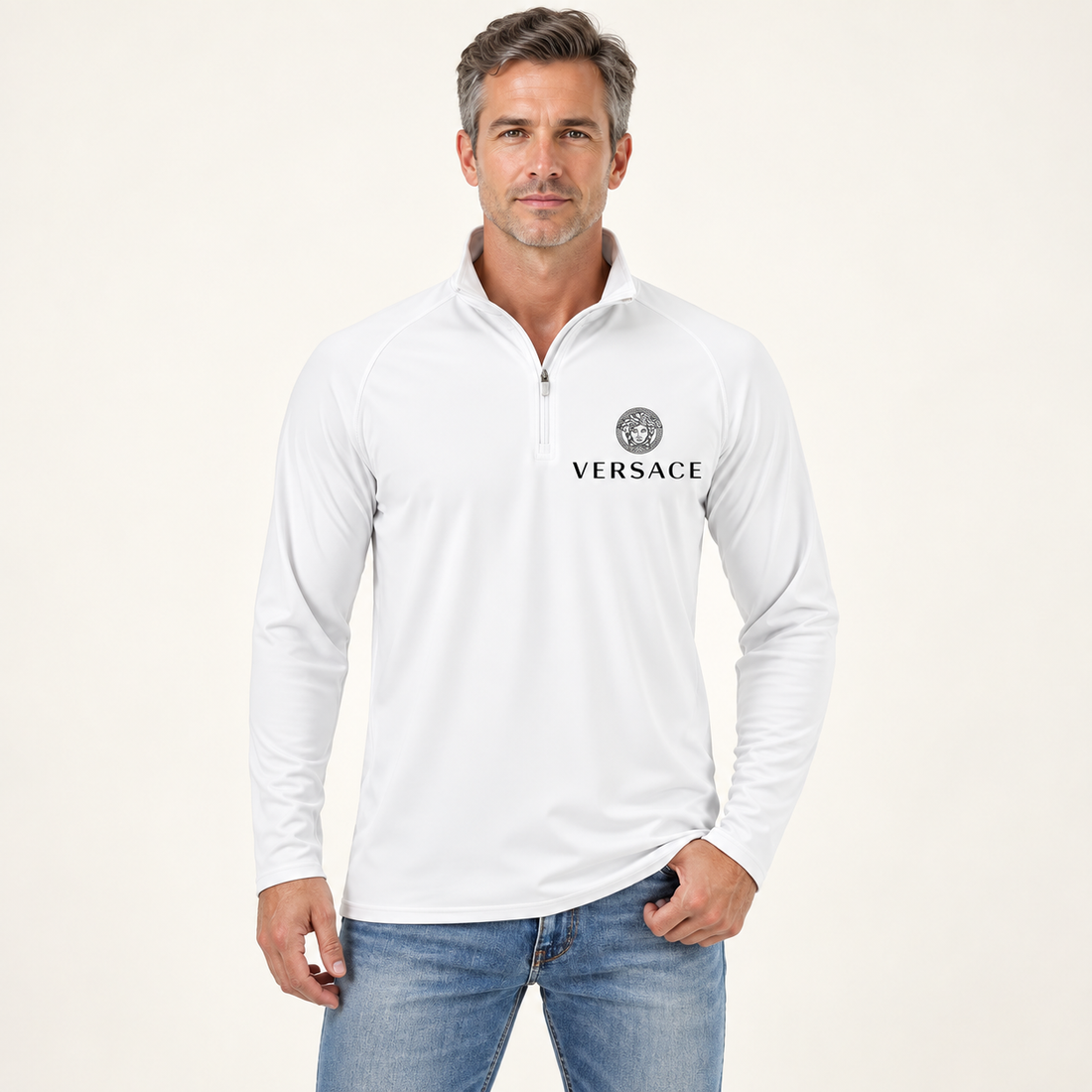 Men’s Versace Lightweight Quarter-Zip Athletic Shirt – Long Sleeve Polyester Wear | Color: White | View 4
