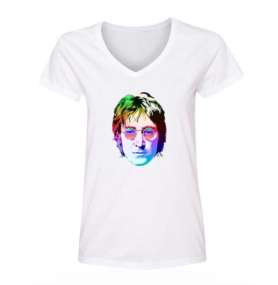 Women's John Lennon Face Art Music V-Neck T-Shirt