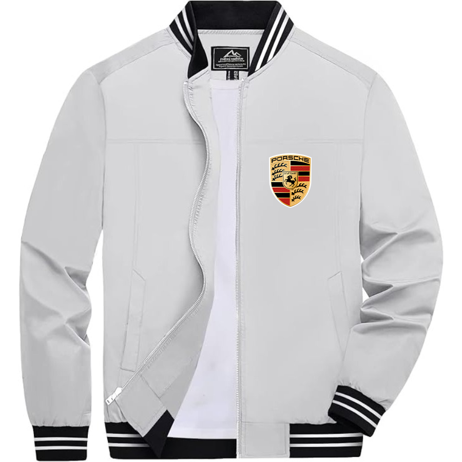 Men’s Porsche Car Lightweight Zip-Up Bomber Jacket with Ribbed Collar and Cuffs - Versatile Casual Outerwear