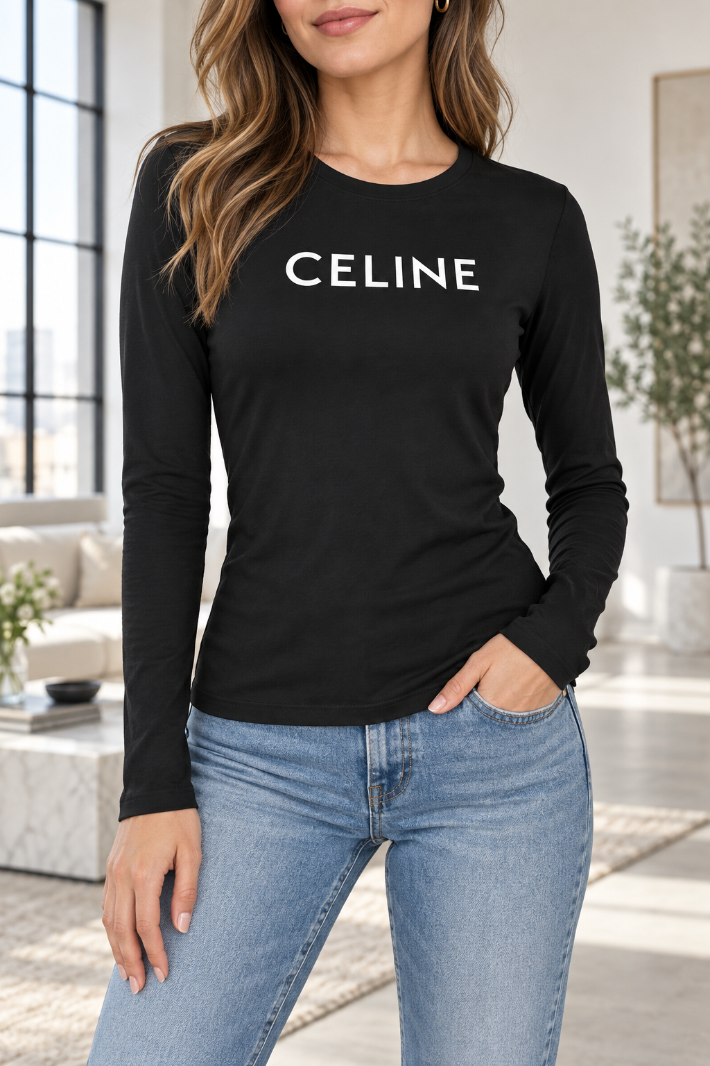 Women's Celine Long Sleeve T-Shirt | Color: Black | Image 2