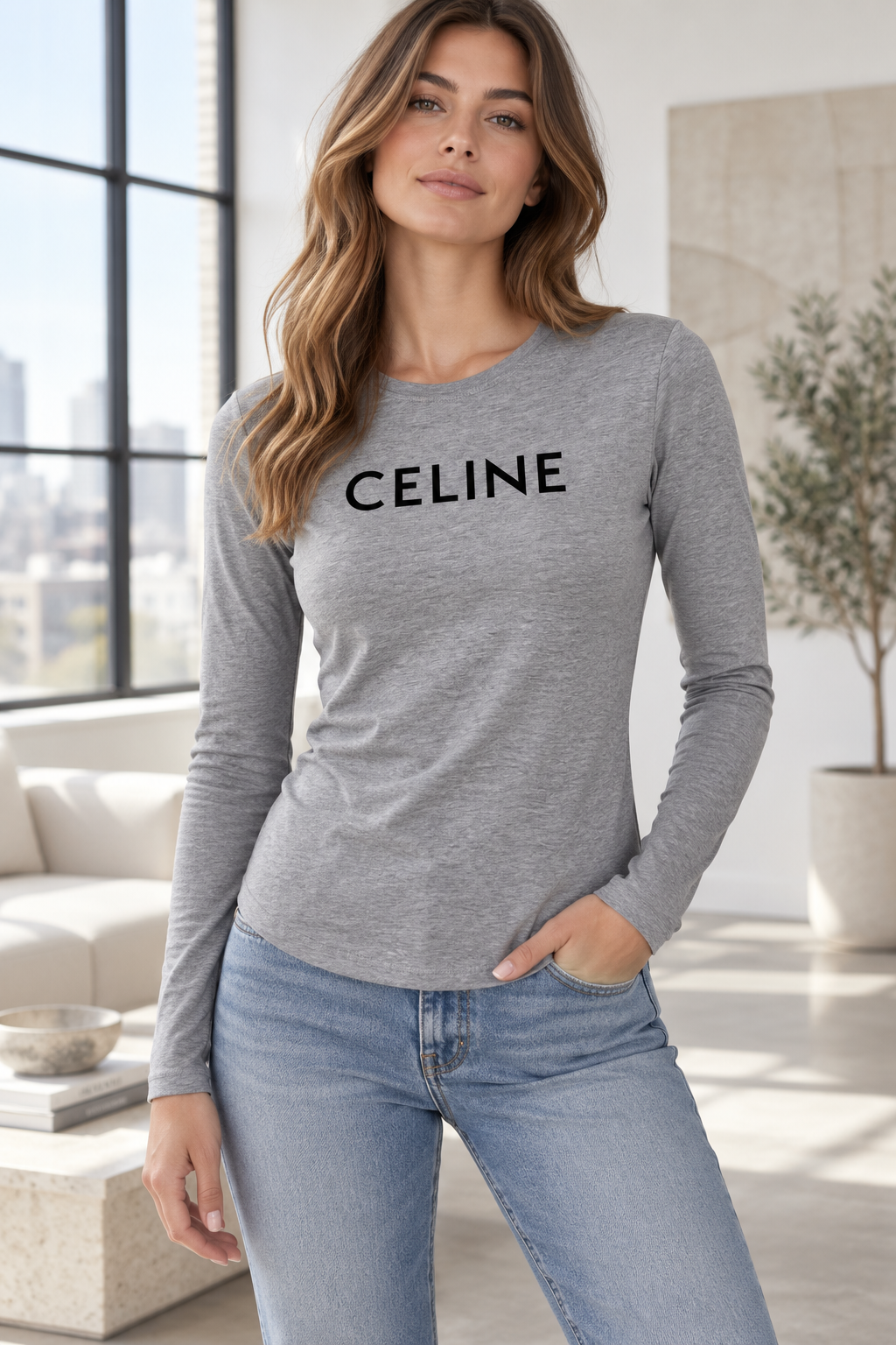 Women's Celine Long Sleeve T-Shirt | Color: Grey | Image 2
