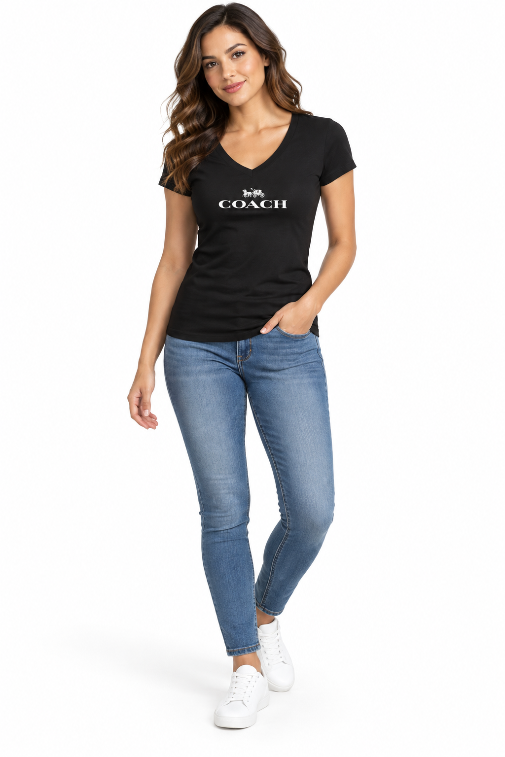 Women's Coach V-Neck T-Shirt | Color: Black | Image 2