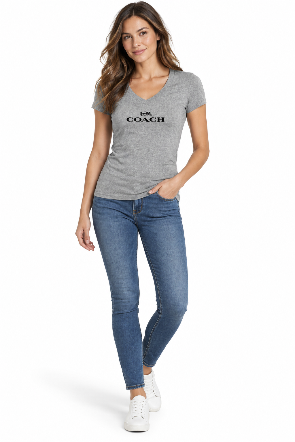 Women's Coach V-Neck T-Shirt | Color: Grey | Image 2