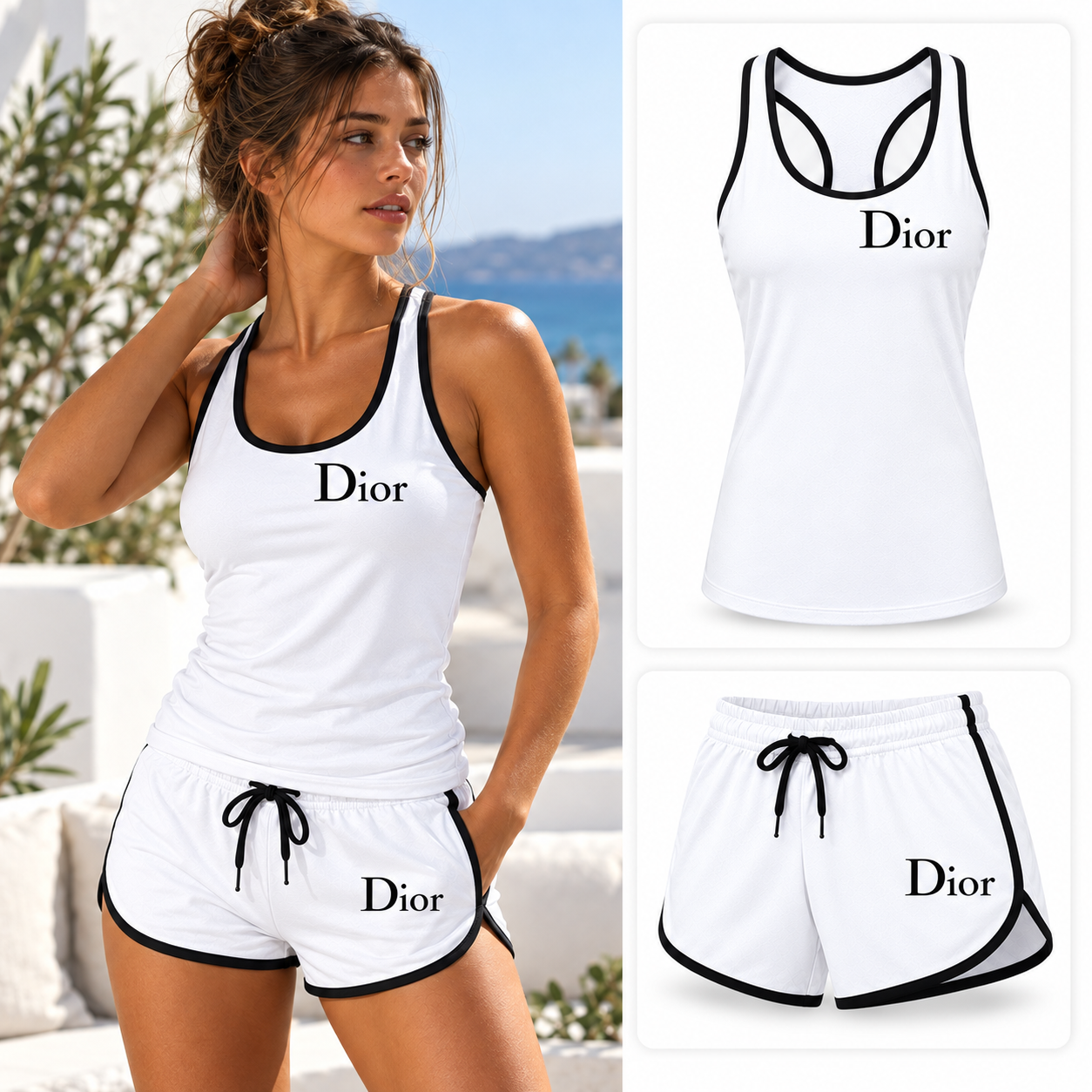 Women’s Dior Tanktop and Shorts Set | Color: White | Image 1