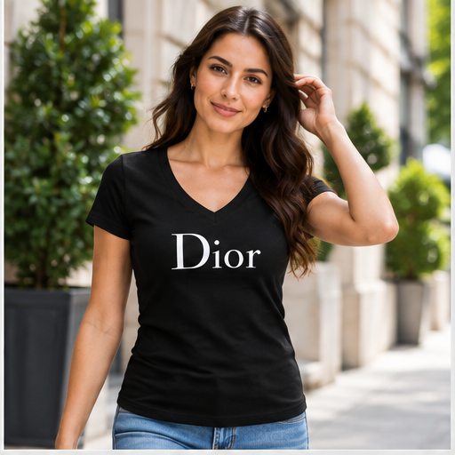 Women's Dior V-Neck T-Shirt | Color: Black | Image 2