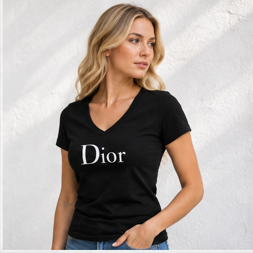 Women's Dior V-Neck T-Shirt | Color: Black | Image 3
