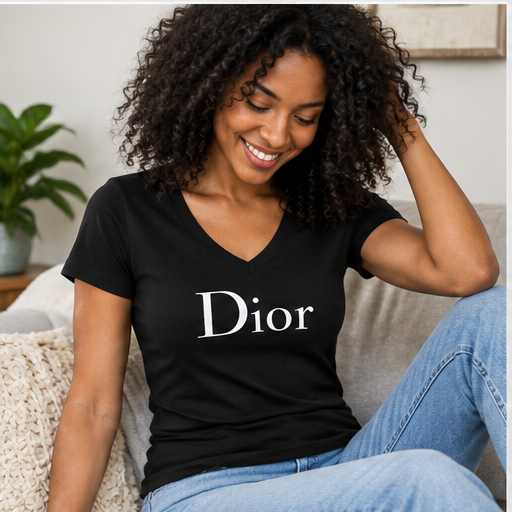 Women's Dior V-Neck T-Shirt | Color: Black | Image 4