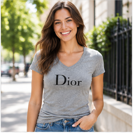 Women's Dior V-Neck T-Shirt | Color: Grey | Image 2