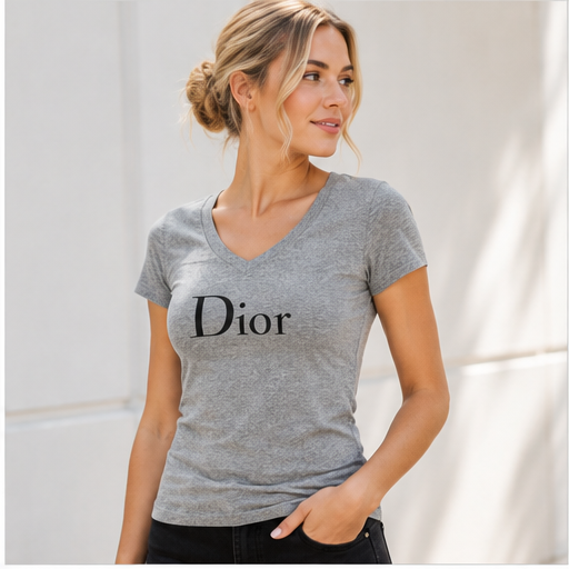 Women's Dior V-Neck T-Shirt | Color: Grey | Image 3