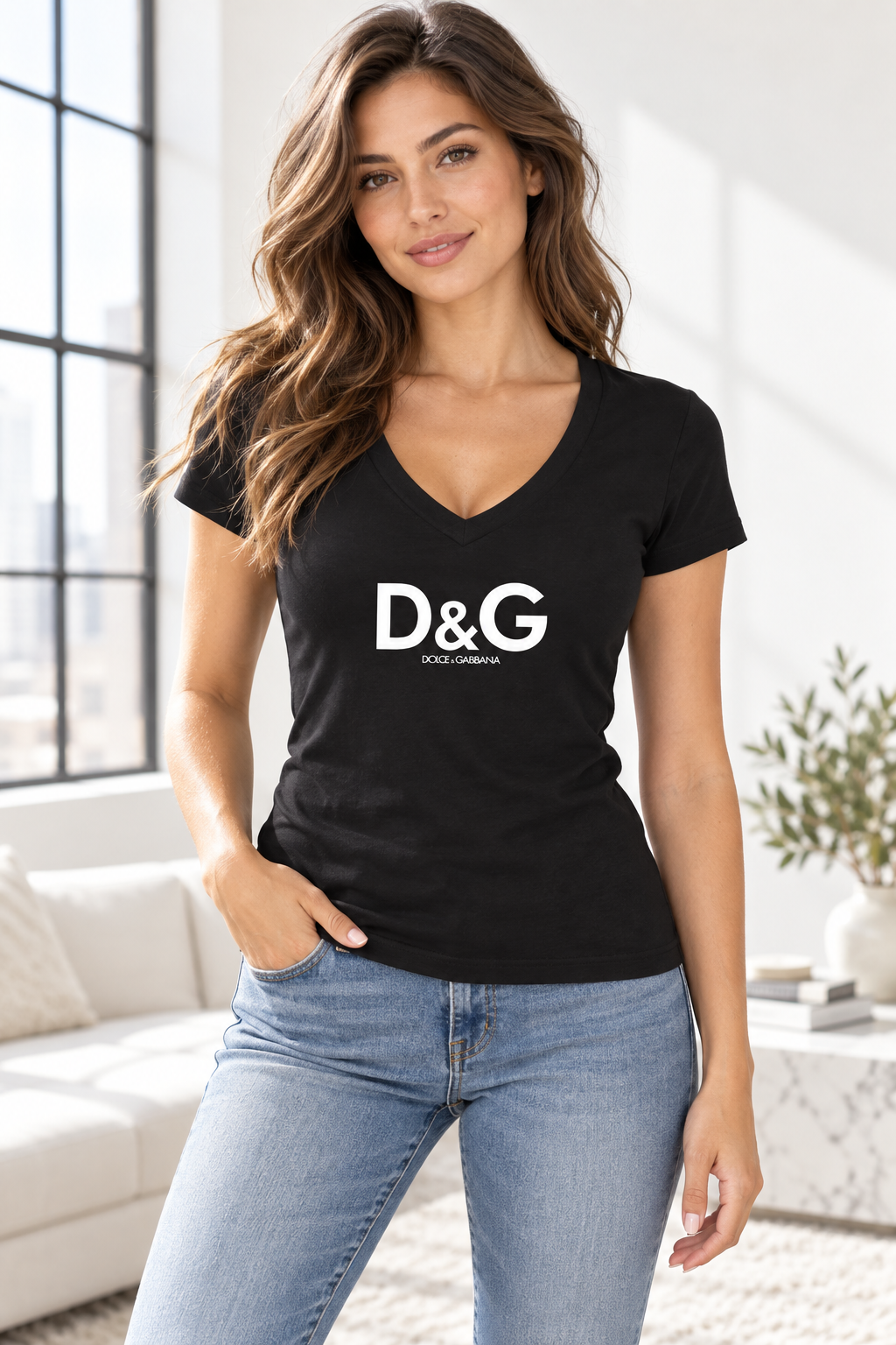 Women's Dolce and Gabbana V-Neck T-Shirt | Color: Black | Image 2