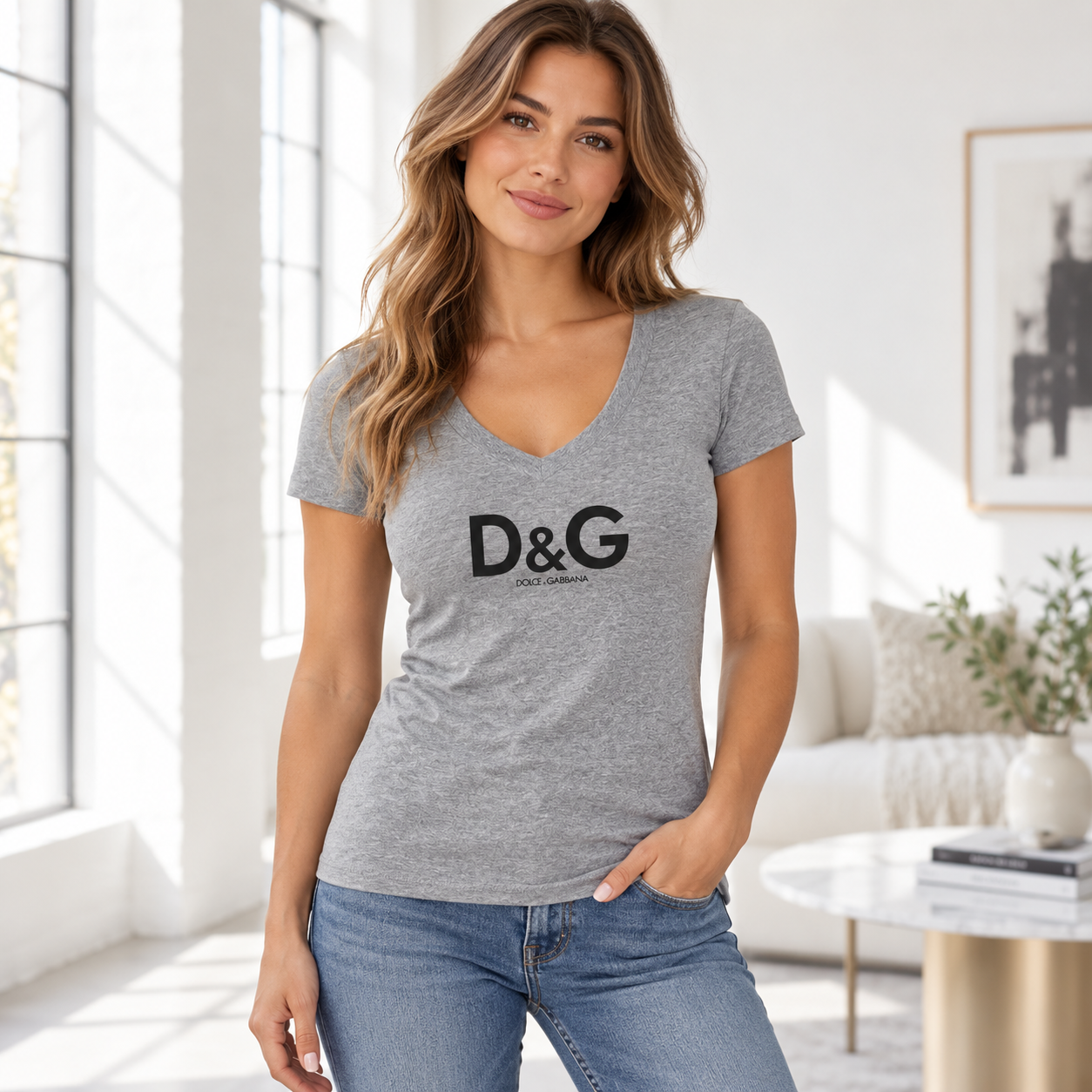 Women's Dolce and Gabbana V-Neck T-Shirt | Color: Grey | Image 2