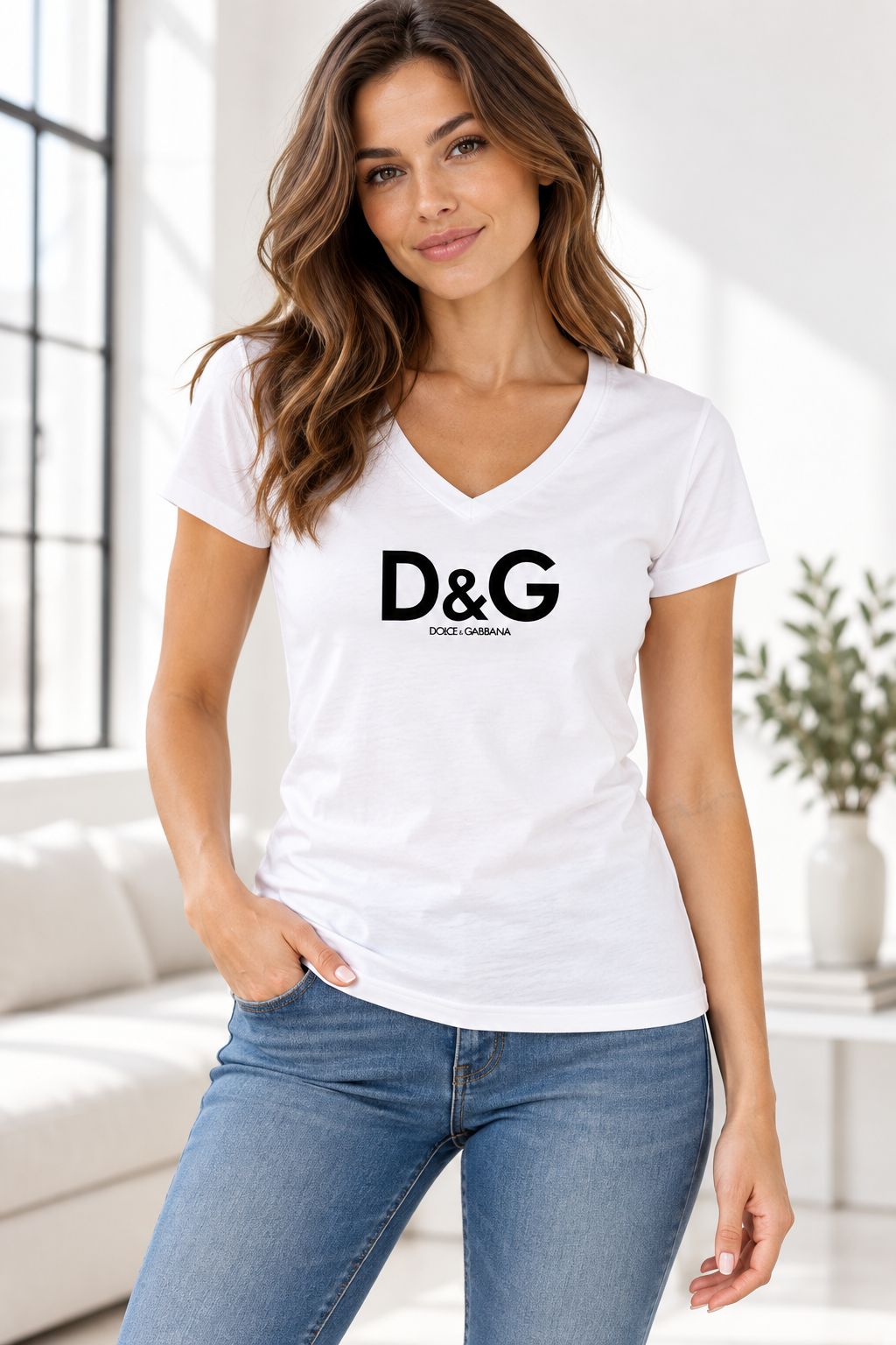 Women's Dolce and Gabbana V-Neck T-Shirt | Color: White | Image 2