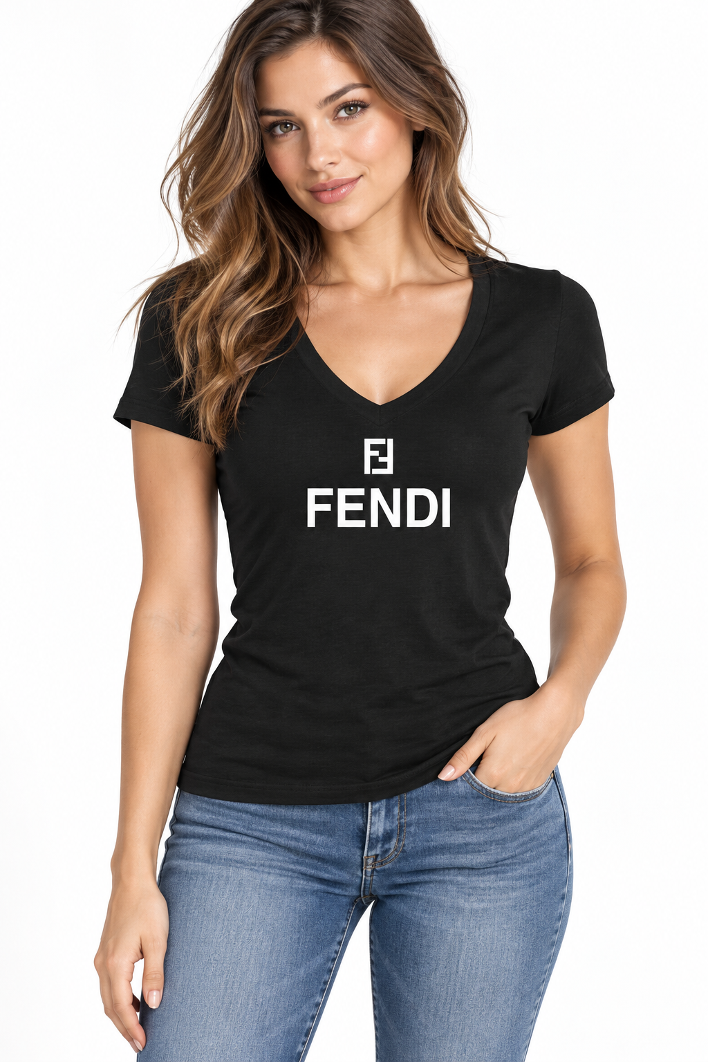 Women's Fendi V-Neck T-Shirt | Color: Black | Image 2