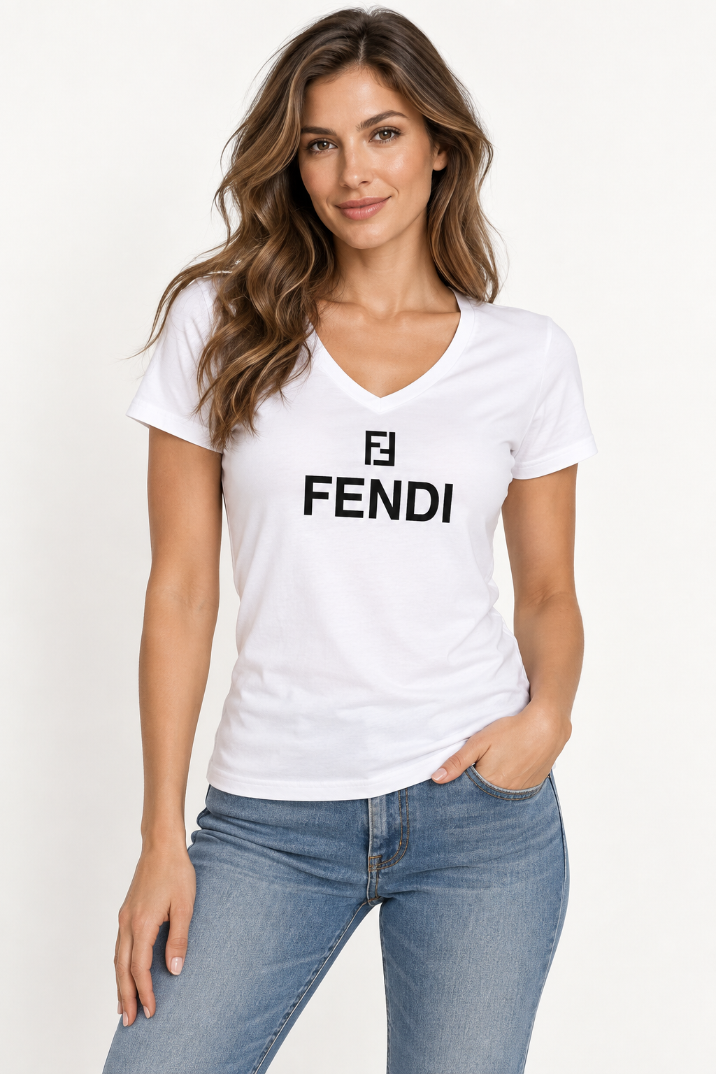 Women's Fendi V-Neck T-Shirt | Color: White | Image 2