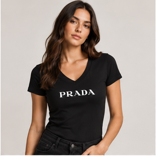 Women's Prada V-Neck T-Shirt | Color: Black | Image 2