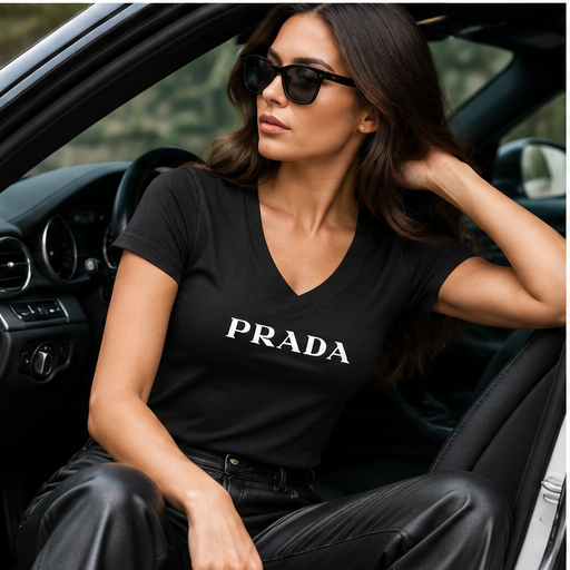 Women's Prada V-Neck T-Shirt | Color: Black | Image 4