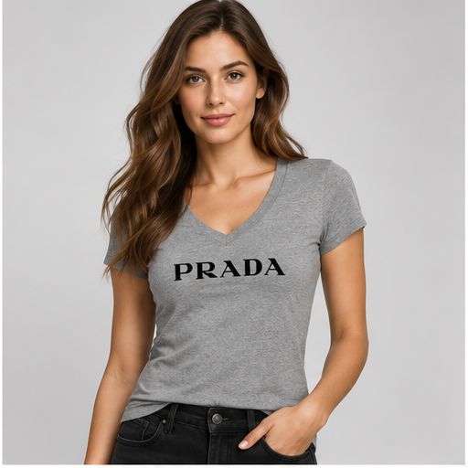 Women's Prada V-Neck T-Shirt | Color: Grey | Image 2