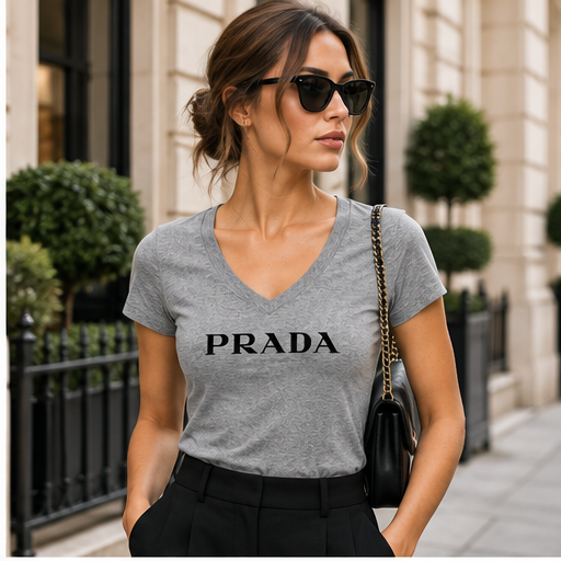 Women's Prada V-Neck T-Shirt | Color: Grey | Image 3