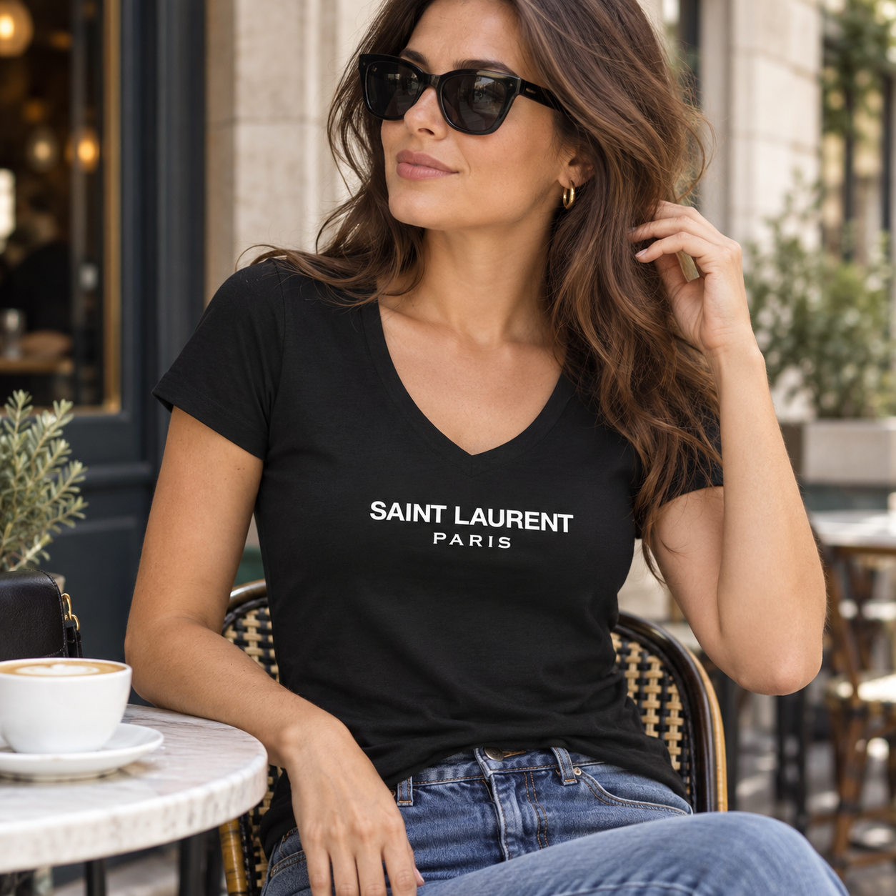 Women's Saint Laurent V-neck T-shirt black lifestyle
