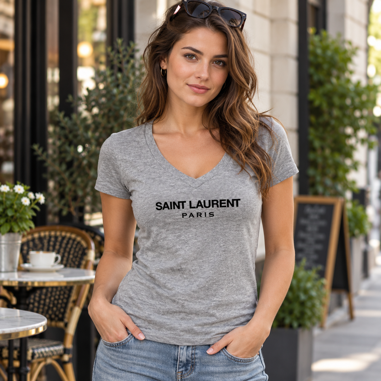 Women's Saint Laurent V-neck T-shirt grey lifestyle