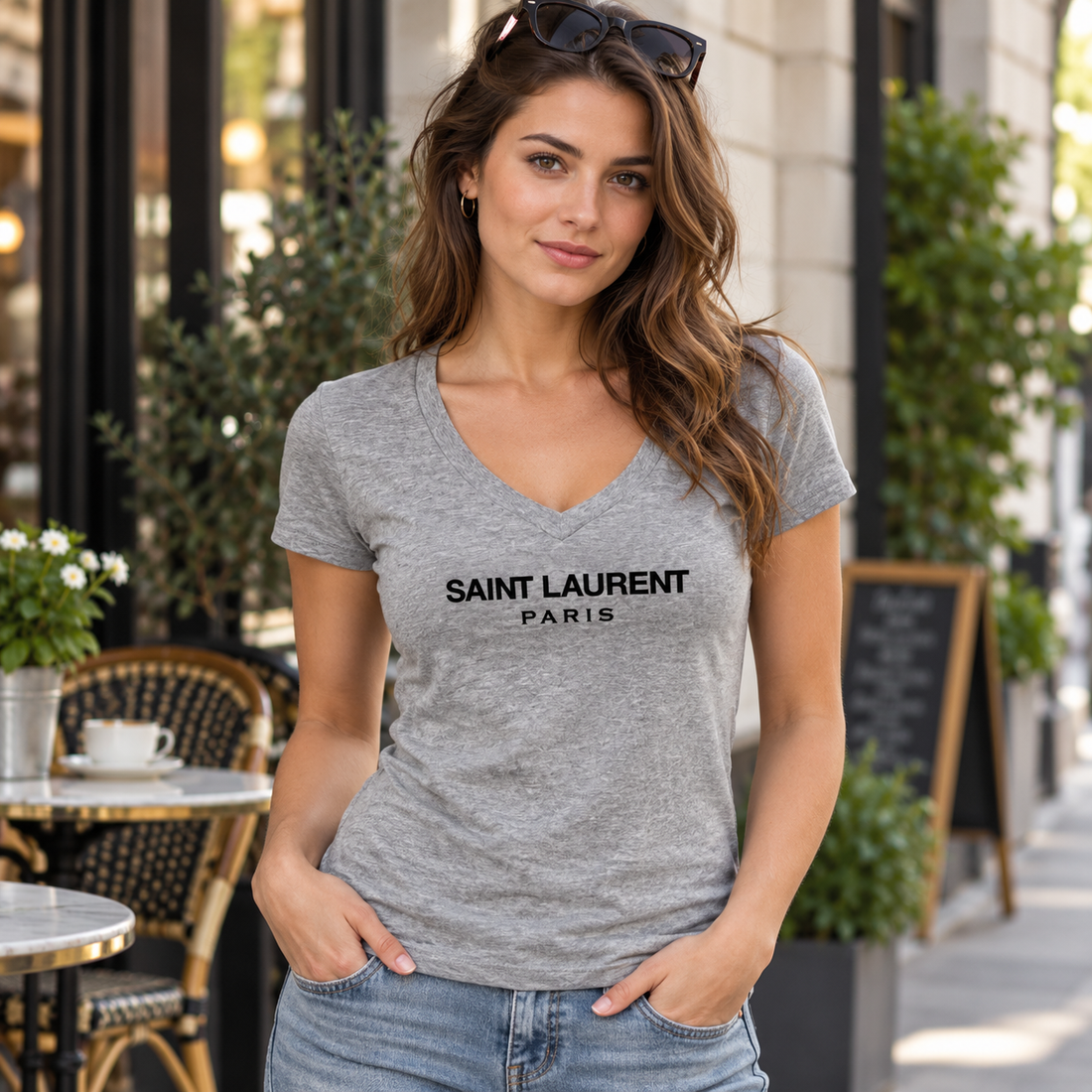 Women's Saint Laurent V-neck T-shirt grey lifestyle